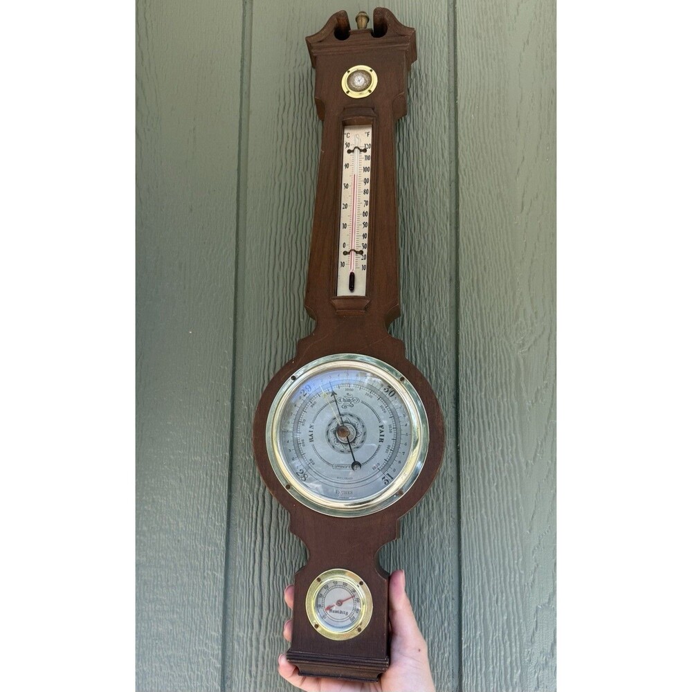 Vintage Springfield Banjo-Styled Weather Station, thermometer barometer humidity